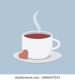 Tea coffee cup with cookie in heart shape. Cozy time. Vector illustration