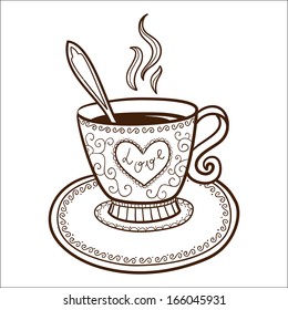 Tea or coffee cup with heart shaped steam. Sketch vector element for romantic design