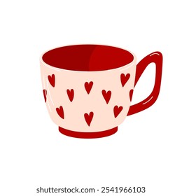 Tea or coffee cup with heart for Valentines day in flat style. Ceramic crockery with trendy ornament for enchanting romantic themes isolated on a white background.