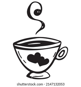 Tea or coffee cup with hearts vector doodle hand drawn line illustration