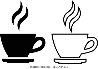 Tea and coffee cup icon set black flat, outline style. Strong coffee in espresso cup and smoke vector Illustration isolated on transparent background. Drink, glass, water, kitchen, restaurant concept.