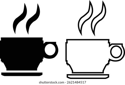 Tea and coffee cup icon set black flat, outline style. Strong coffee in espresso cup and smoke vector Illustration isolated on transparent background. Drink, glass, water, kitchen, restaurant concept.