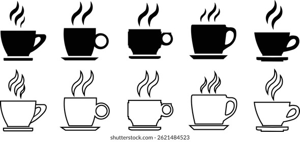 Tea and coffee cup icon set black flat, outline style. Strong coffee in espresso cup and smoke vector Illustration isolated on transparent background. Drink, glass, water, kitchen, restaurant concept.