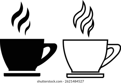 Tea and coffee cup icon set black flat, outline style. Strong coffee in espresso cup and smoke vector Illustration isolated on transparent background. Drink, glass, water, kitchen, restaurant concept.