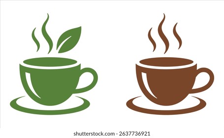 Tea and Coffee Cup Icon Set with Steam in Flat Minimal Style