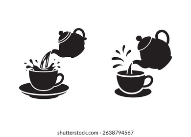 Tea or Coffee Cup Icon with Splash – Minimalist Black Silhouettes
