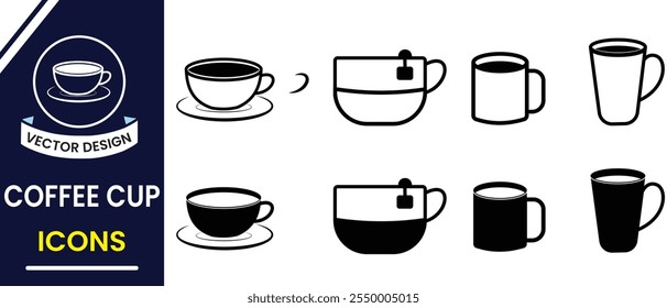 Té, icono de taza de café, juego de Vector. Signo y símbolo de la silueta de la taza de café. Metal de café, icono de línea de taza, diseño de contenedor de plástico para bebida caliente y fría. Conjunto de iconos de bebidas y alimentos. Ilustración vectorial