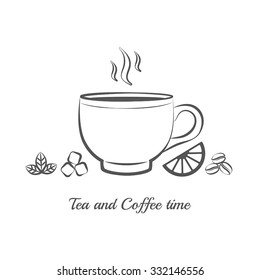 Tea or coffee cup with lemon, mint, coffee bean. Line vector illustration