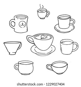 Tea and coffee cup and mug. Hand drawn icon set. Line art doodle sketch vector illustration black and white.