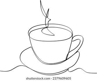 
Té taza de café de una línea de dibujo continuo. Ilustración vectorial. Icono de silueta lineal dibujado a mano. Resumen de diseño de contorno, elemento mínimo para impresión, banner, tarjeta, folleto, logo del producto, menú.