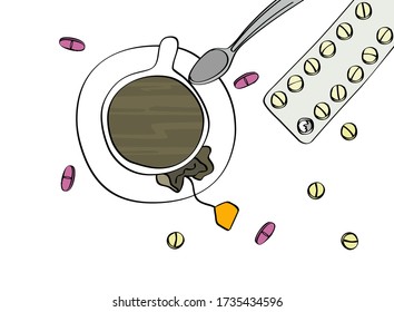 Tea, coffee cup with pills and a pill blister. Illness, medicine. Top view isolated on white background. Cartoon style vector illustration.