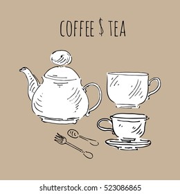 Tea and coffee. Cup and tea pot illustrations. Hand drawn concept.