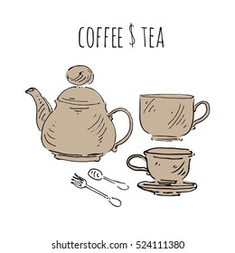 Tea and coffee. Cup and tea pot illustrations. Hand drawn concept.