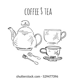Tea and coffee. Cup and tea pot illustrations. Hand drawn concept.