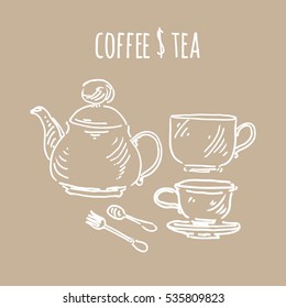 Tea and coffee. Cup and tea pot illustrations. Hand drawn concept.