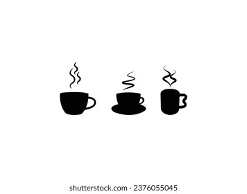 Tea and coffee cup set icon. Cup of coffee tea with steam icon in black simple design. Set of coffee cup simple icon set.