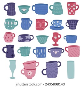 Tea coffee cup set vector illustration. Cartoon vintage teacup collection for english afternoon tea ceremony party or breakfast, drawn pattern on cup and mug