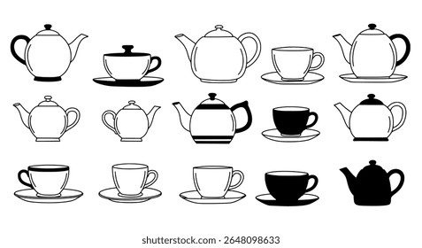 Pacote de silhueta de xícara de chá e café - ícones de caneca e bule de chá - elementos vetoriais escaláveis para design de marca, embalagem ou impressão