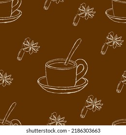 Tea or coffee cup with spices vector seamless patter in grunge line art style. Mug with coffee or tea, spoon, star anise seed, cinnamon spices brown seamless wallpaper for cafe. Morning hot drink
