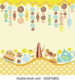 Tea coffee cup sweet cake vector illustration