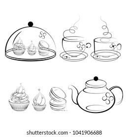 tea, coffee, cupcake, teapot, dessert, white background, vector illustration