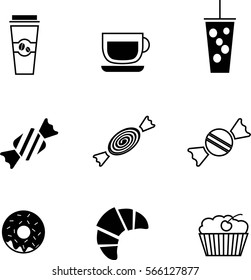 Tea and coffee cups, cake, croissant, donut, and sweets. Icons set