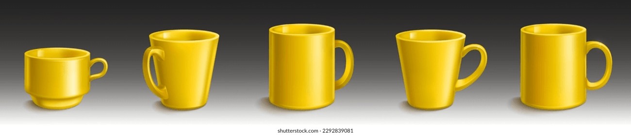 Tea and coffee cups, mugs 3d mockup. Template of porcelain teacups, blank yellow ceramic mugs with shadow in side view, vector realistic set isolated on background