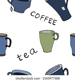 Tea and coffee cups, mugs. Vector illustration. Seamless texture. Pattern. For print, design, back surface, textiles, tablecloths, kitchens, packaging, bedding. Colored hand drawn vector illu