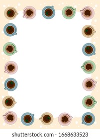 Tea and coffee cups postcard template in pastel colors. Morning cafe or restaurant breakfast. Letter format vector banner with place for text. Cozy boho poster candles ornament