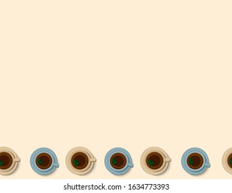 Tea and coffee cups seamless pattern in pastel colors. Morning cafe or restaurant breakfast. Letter format vector decoration background tile. Space for text
