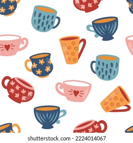 Tea or coffee cups seamless pattern. Ceramic crockery theme. Full and empty cartoon mugs with different ornaments. Vector illustration on white background. 