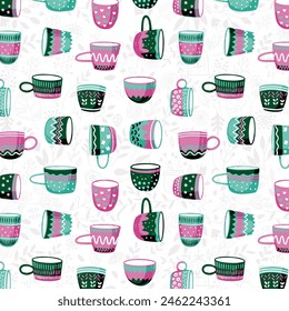 Tea or coffee cups seamless pattern. Ceramic crockery theme. Full and empty cartoon mugs with different ornaments. Vector illustration on white background.