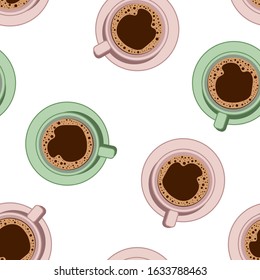 Tea and coffee cups seamless vector pattern. Morning cafe or restaurant breakfast. Top view vector image.