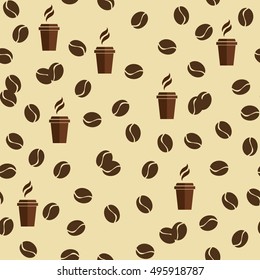 Tea or coffee cups seamless vector pattern with coffee beans or corns.