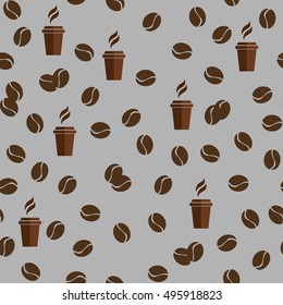 Tea or coffee cups seamless vector pattern with coffee beans or corns.