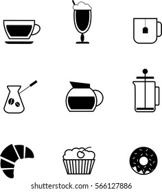 Tea and coffee cups, teapot and coffee pot, cupcake, donut, and croissant. Icons set