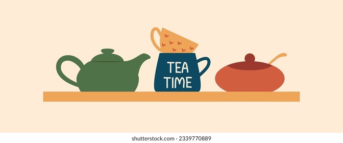 Té o café, tetera y azúcar en una estantería. Diseño plano. Los utensilios de cocina і soltados sobre un fondo claro. Vista lateral. Ilustración del vector