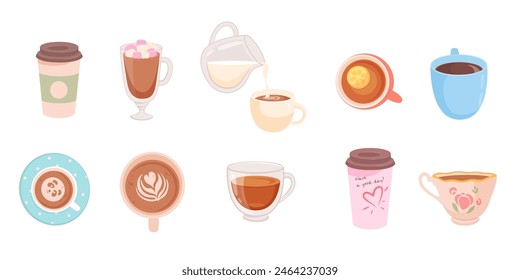 Juego de Ilustración vectorial de tazas de té y café. Colección de bebidas calientes de dibujos animados en tazas de té y vasos. Iconos de cafeterías o restaurantes. Hora del desayuno.