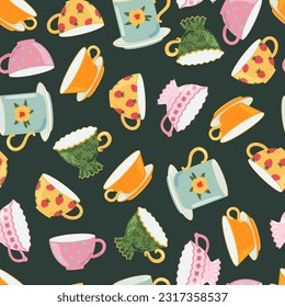 Tea or coffee cups vector seamless pattern. Ceramic crockery theme. Cartoon mugs Kitchen background