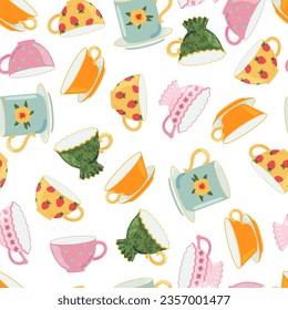 Tea or coffee cups vector seamless pattern. Ceramic crockery theme. Cartoon mugs Kitchen background
