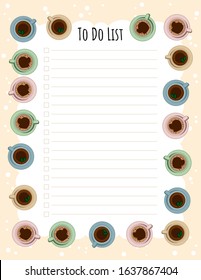 Tea and coffee cups weekly planner and to do list. Morning cafe or restaurant breakfast. Cozy lagom scandinavian style template for agenda, planners, check lists, stationery
