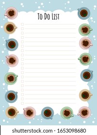 Tea and coffee cups weekly planner and to do list. Morning cafe or restaurant breakfast. Cozy lagom scandinavian style template for agenda, planners, check lists, stationary