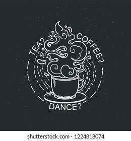 Té, café, baile. Línea de dibujo de taza de café o té. Ilustración vectorial lineal plana moderna. Postal de menú retro con taza de bebida caliente