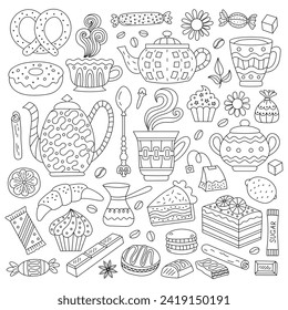 Tea, coffee and dessert elements in doodle style. Baking and sweets for your design. Suitable for cafe menus and birthday cards.
