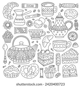 Té, café y postres en forma de doodle. Hornear y dulces para tu diseño. Ideal para menús de café y tarjetas de cumpleaños.