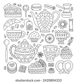 Tea, coffee and dessert elements in doodle style. Baking and sweets for your design. Suitable for cafe menus and birthday cards.