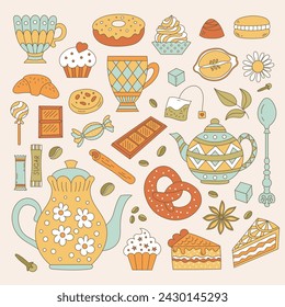 Tea, coffee and dessert elements in doodle style. Baking and sweets for your design. Suitable for cafe menus and birthday cards.
