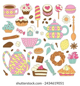 Tea, coffee and dessert elements in doodle style. Baking and sweets for your design. Suitable for cafe menus and birthday cards.