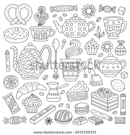 Tea, coffee and dessert elements in doodle style. Baking and sweets for your design. Suitable for cafe menus and birthday cards.
