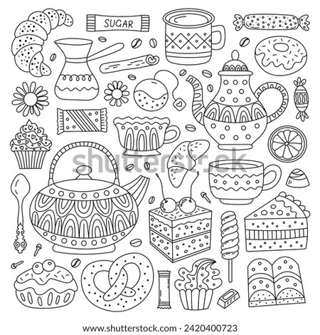 Tea, coffee and dessert elements in doodle style. Baking and sweets for your design. Suitable for cafe menus and birthday cards.